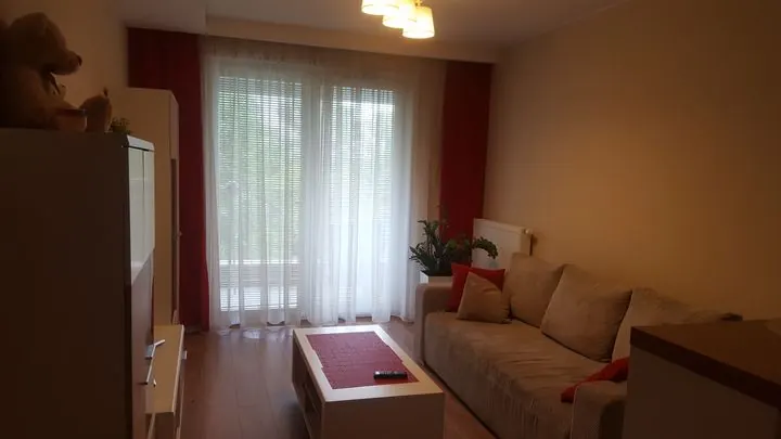 Salon z kanapą i czerwonymi zasłonami – Mieszkanie w Krakowie